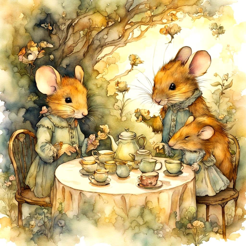 Mouse Family Tea Party in Watercolour Style