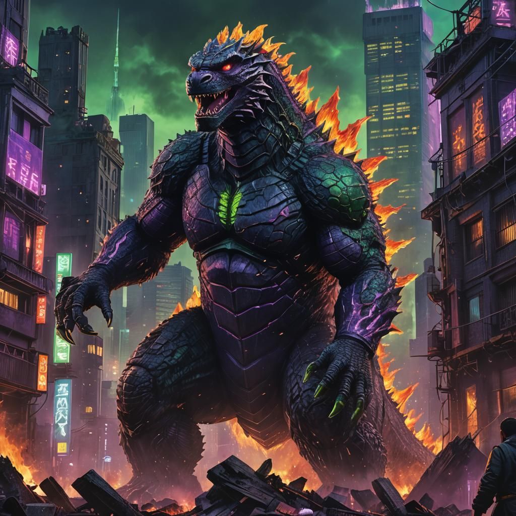 Godzilla Amidst Tokyo Ruins in Fantasy Concept Art