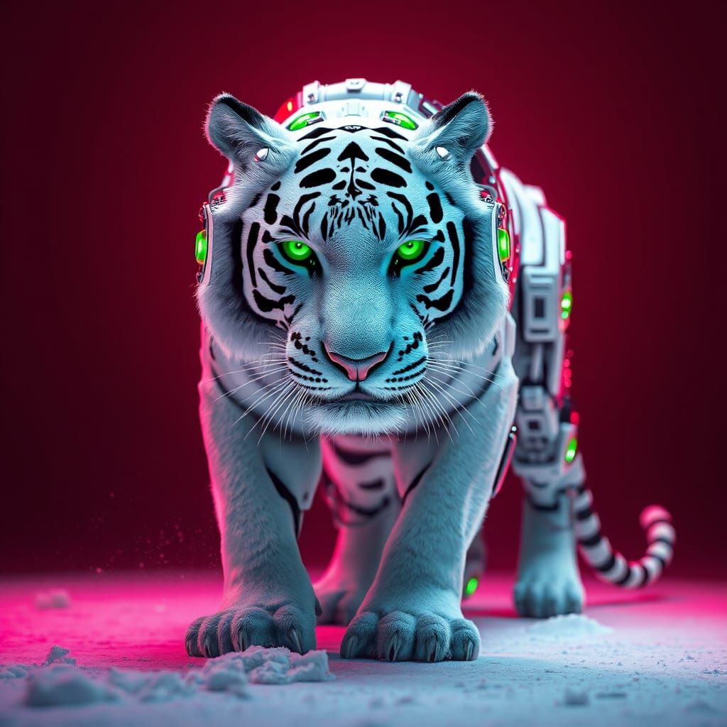 Majestic White Tiger with Metallic Mech Enhancements