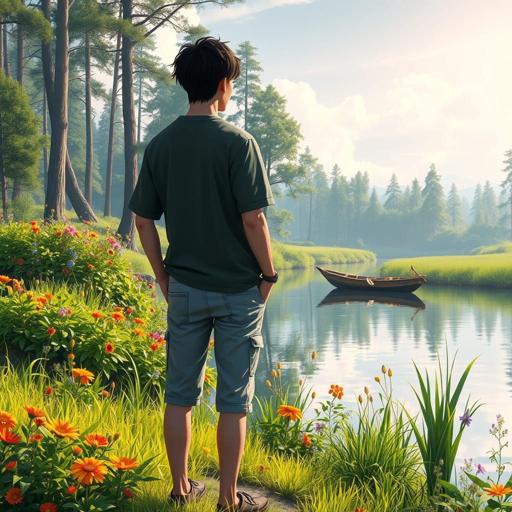 Man Surrounded by Nature's Serenity in Anime-Style 3D Art