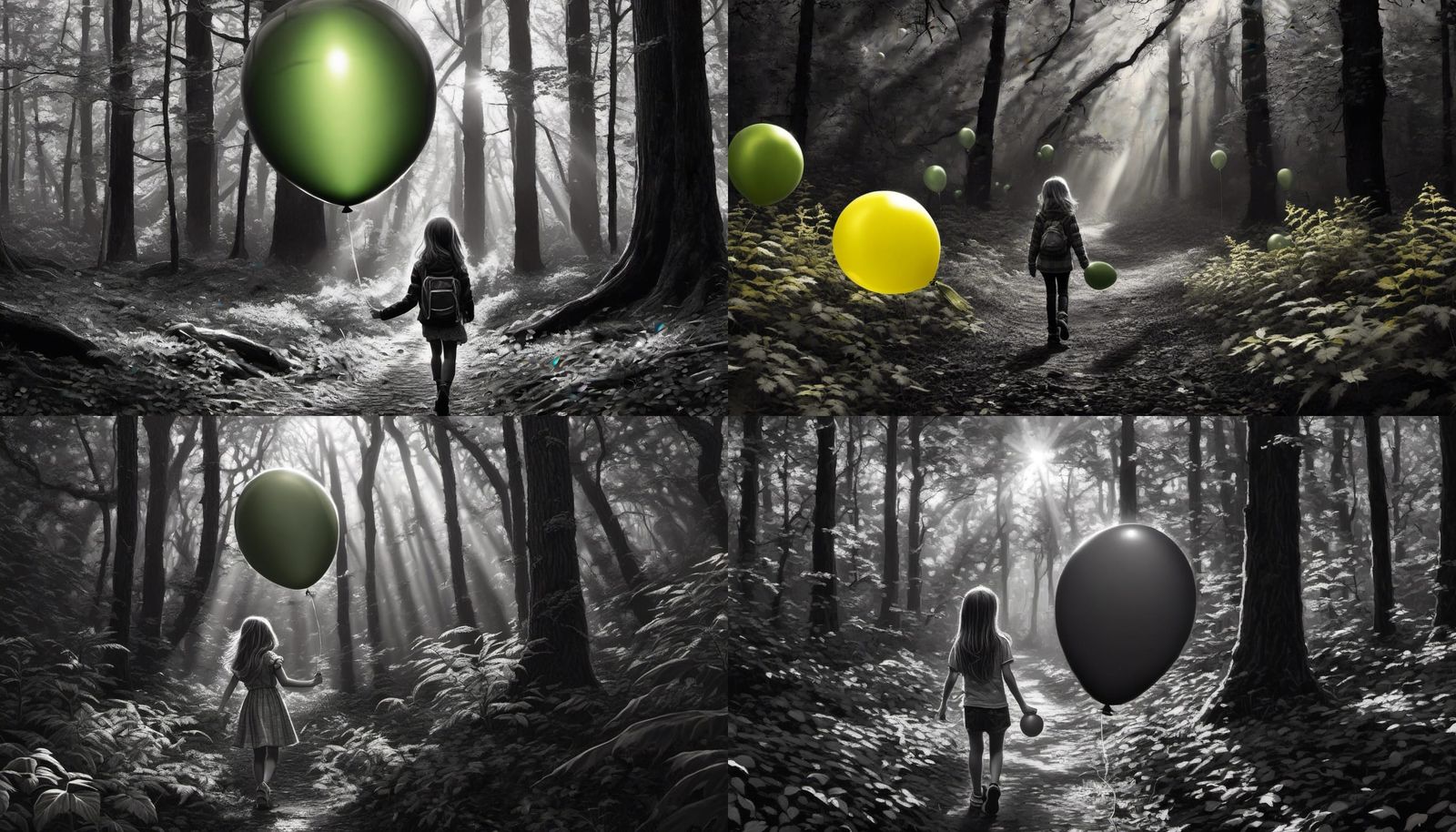Girl with Green Balloon in Black and White Forest