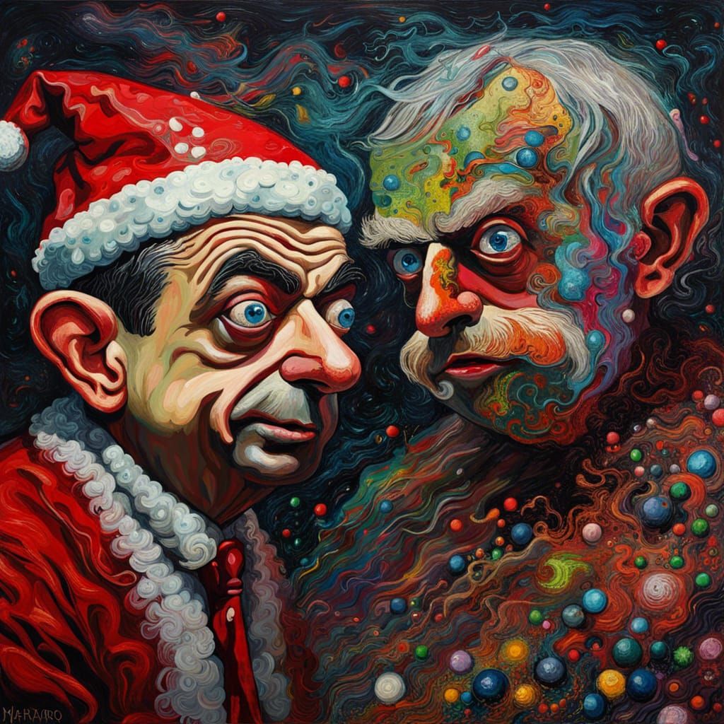 Psychedelic Mr. Bean Santa Claus Hybrid, Impasto Painting