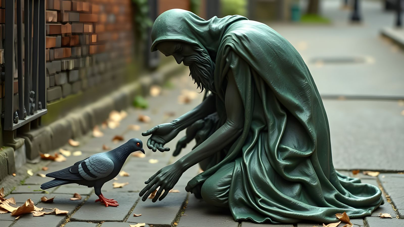 Gentle Statue Tends to Pigeon in Claymation Style