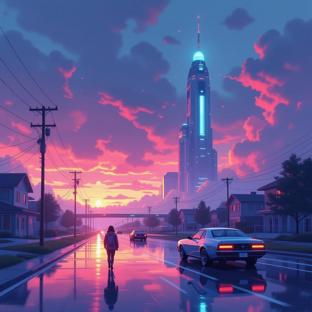 Dreamy, Vibrant Futuristic Scene with Ethereal Lighting