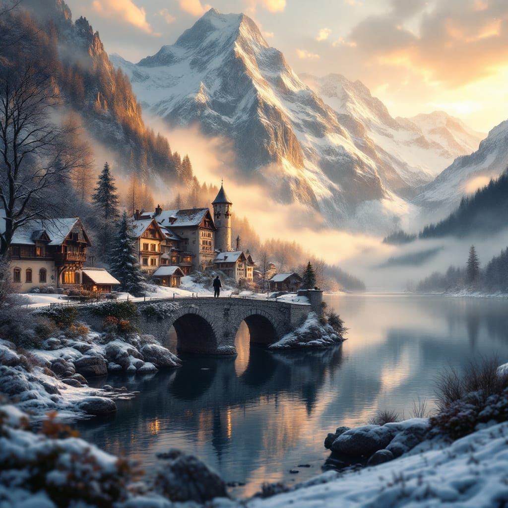 Winter Alpine Village at Golden Hour
