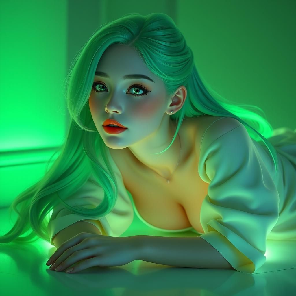 Luminous Green Haired Woman in Anime Style