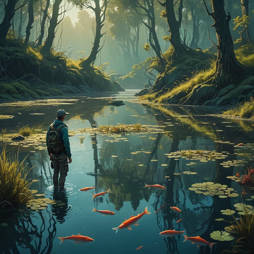 Man Watching Fish in Calm River, Matte Painting Style