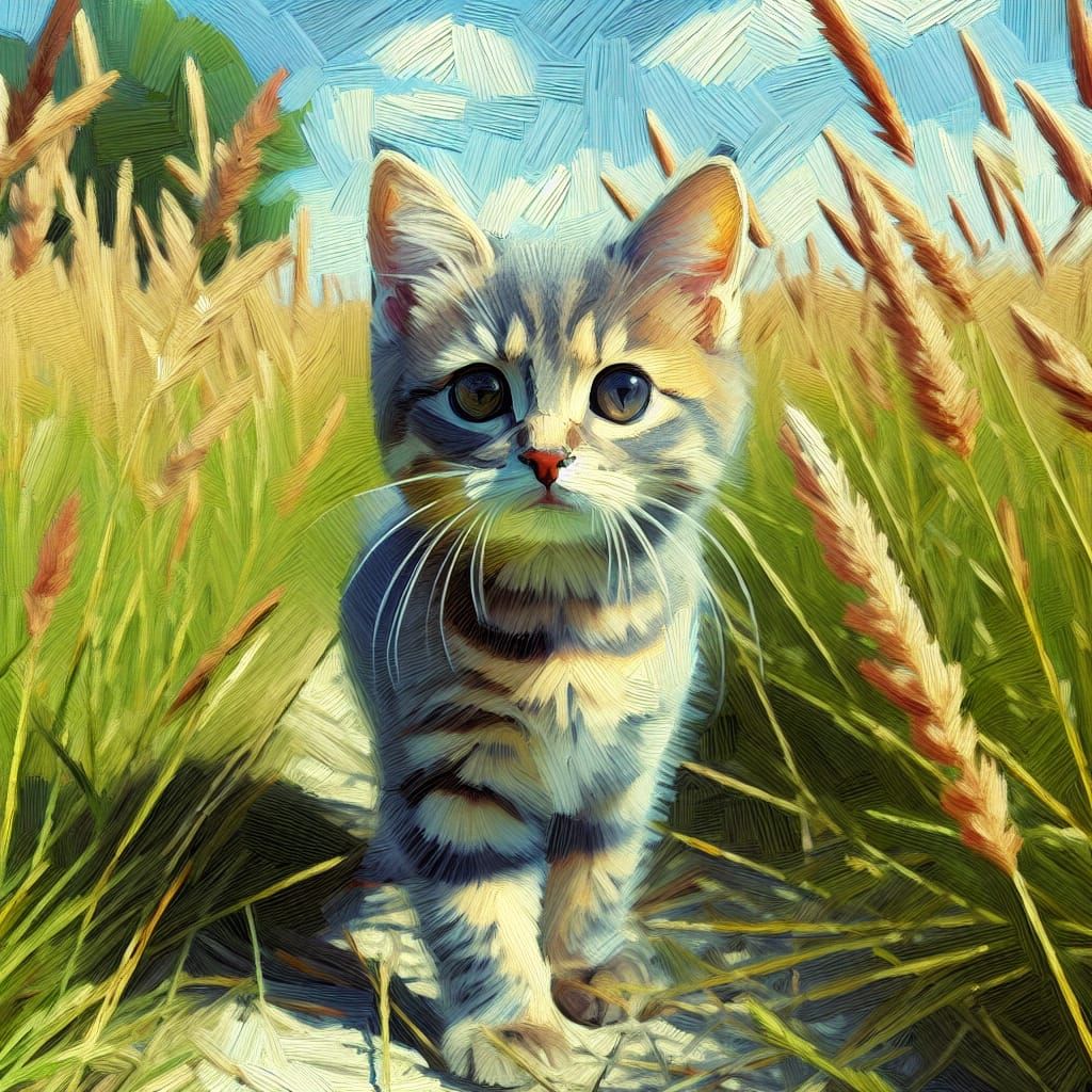 Grey Tabby Cat Peeking Through Sunny Prairie Grass