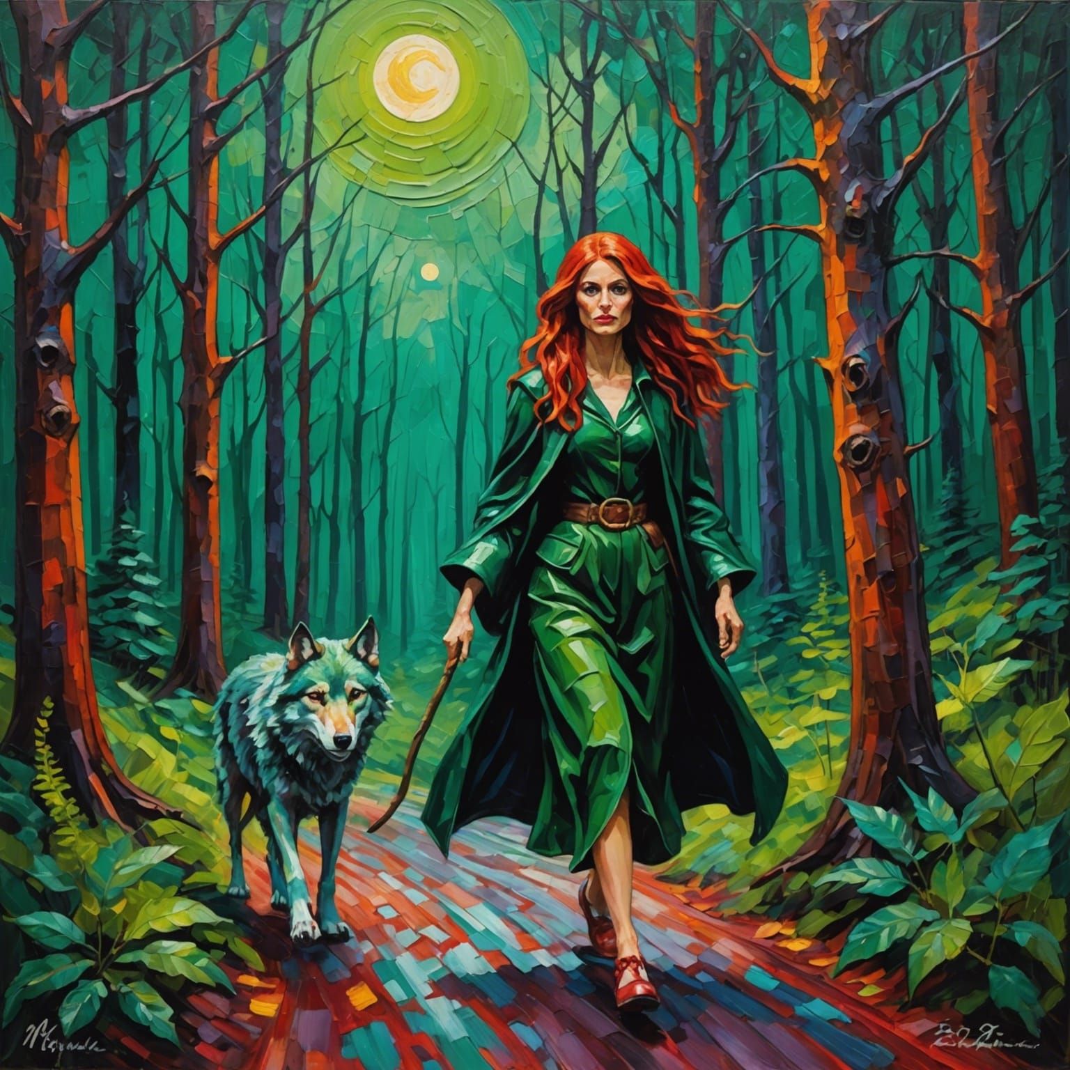 Nature Witch in Moonlit Forest as Impasto Painting