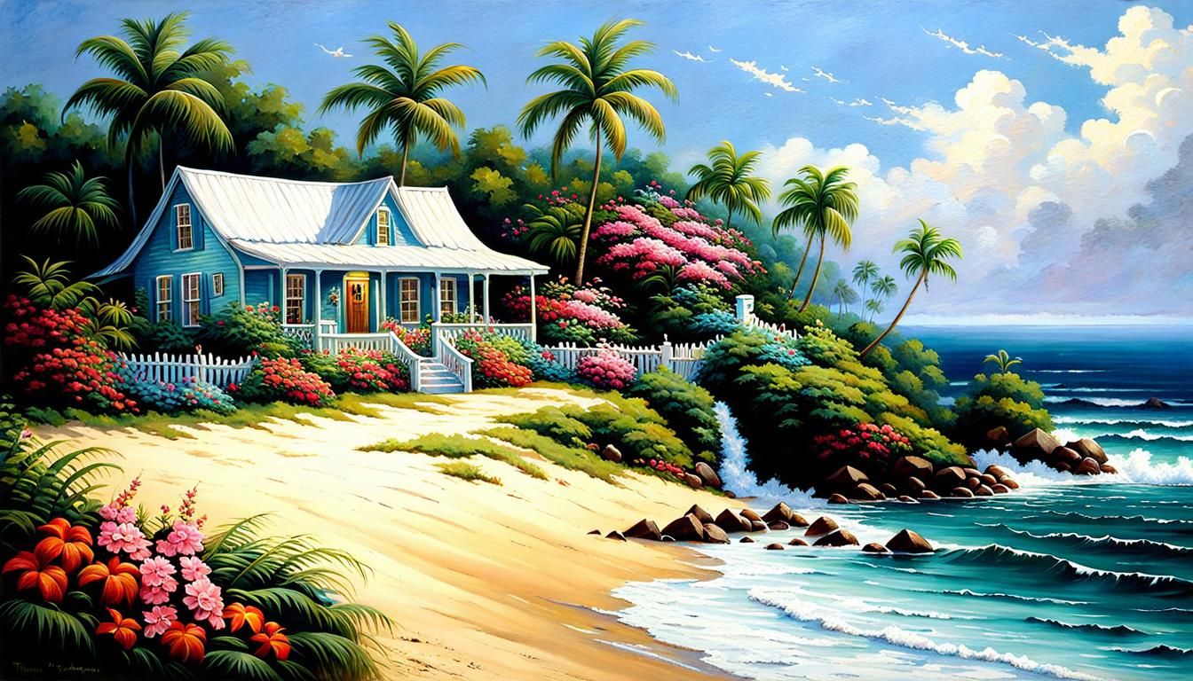 Tropical Beach Cottage Oil Painting in Luminist Style
