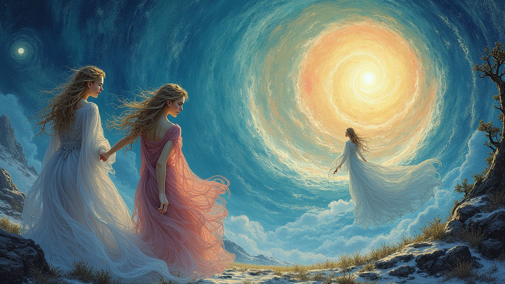 Ethereal Elven and Human Figures in Surreal Sci-Fi Style