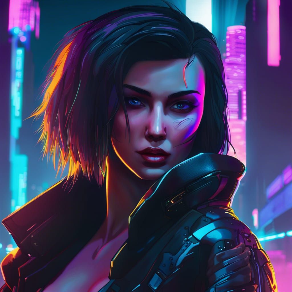 Cyberpunk Biomech Woman in Dystopian Cityscape