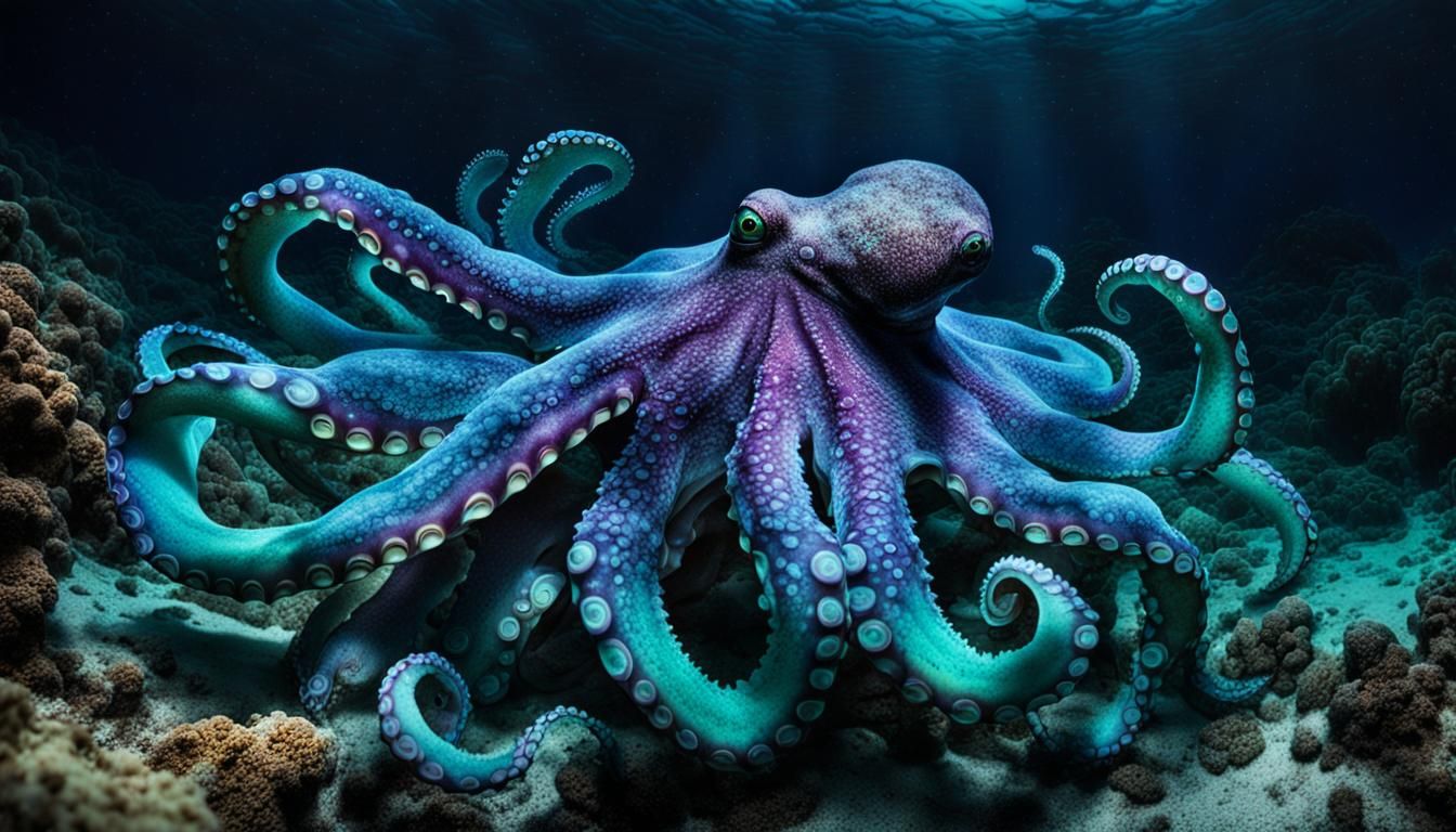 Surreal Bioluminescent Octopus on Seabed in 8K
