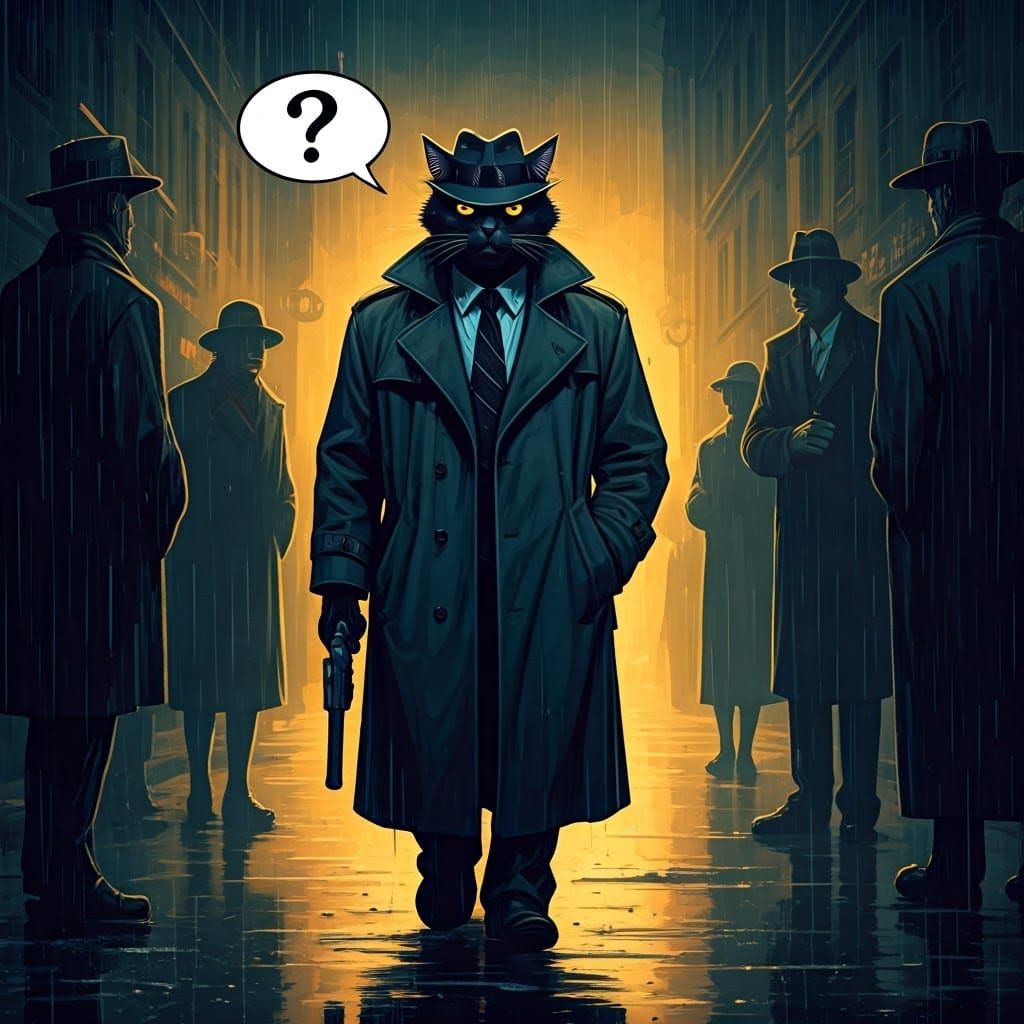 Blacksad in Rain-Soaked Street, Oil Painting Style