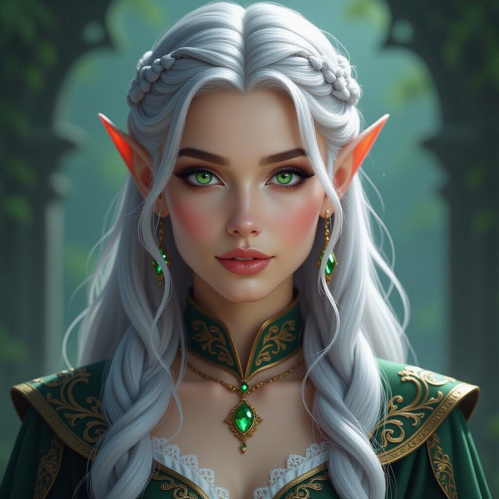 Enchanting Elf with Green Eyes in Hyper-Realistic Style