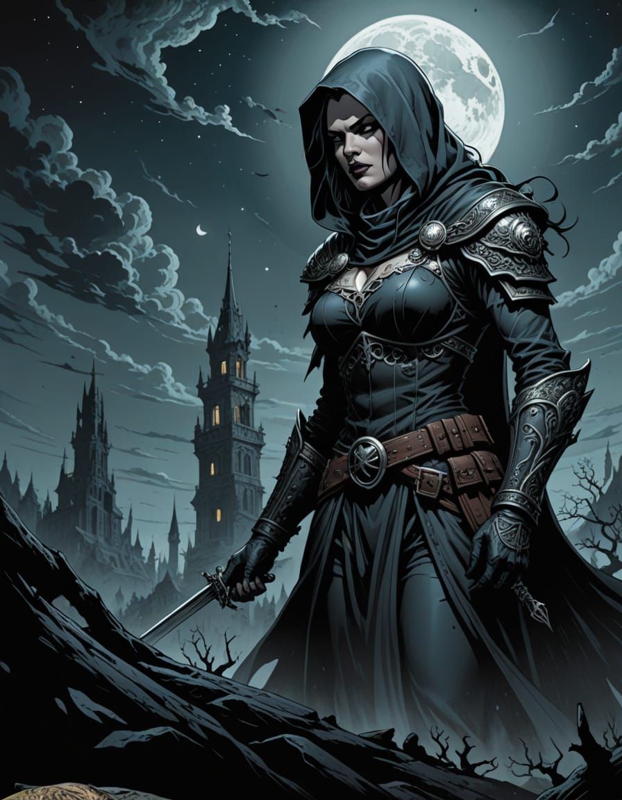 Gothic Lady in Dark Armor Illuminated by Full Moon
