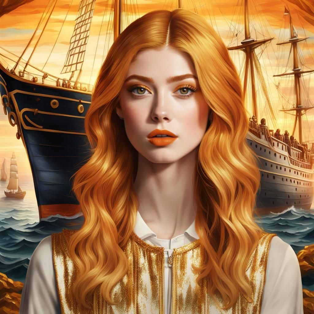 Woman with Golden Makeup and Sailing Ship Backdrop