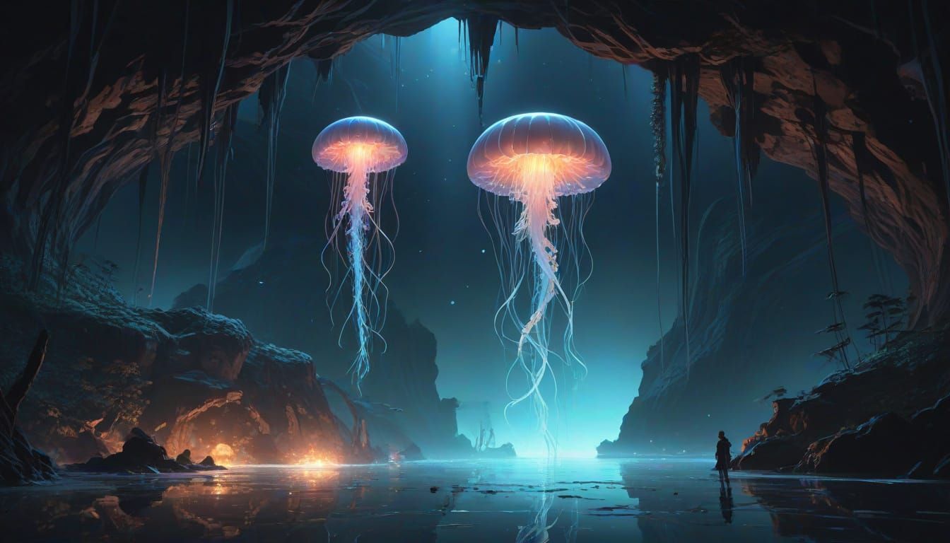 Bioluminescent Jellyfish in Underwater Cave, Syd Mead Inspir...