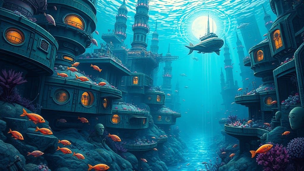 Futuristic Alien City Underwater in Comic Book Style