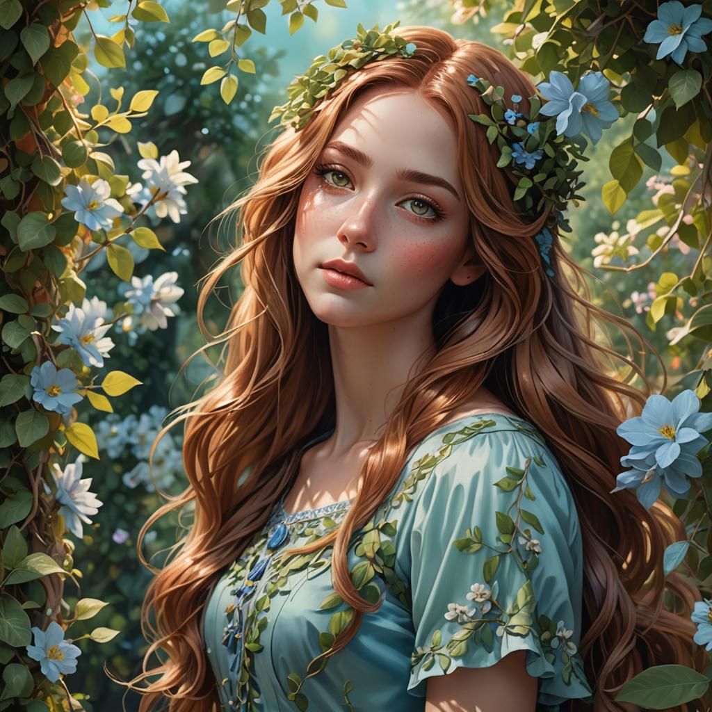 Magical Girl Conjuring Flowers in Lush Garden