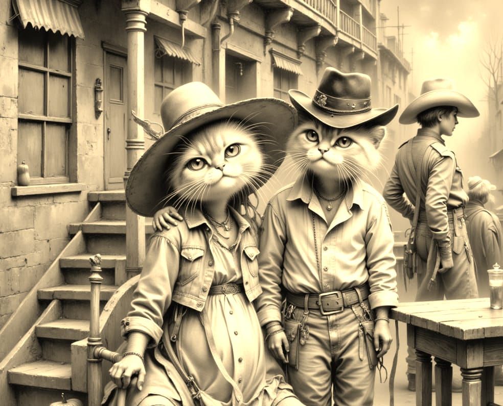 Cowboy Cats in Old West Saloon as Oil Painting