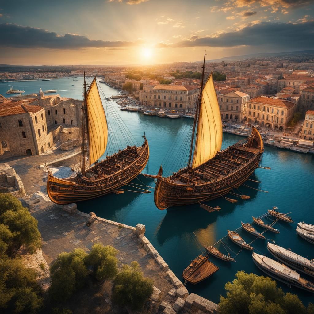 Syracuse Port City With Roman and Greek Ships