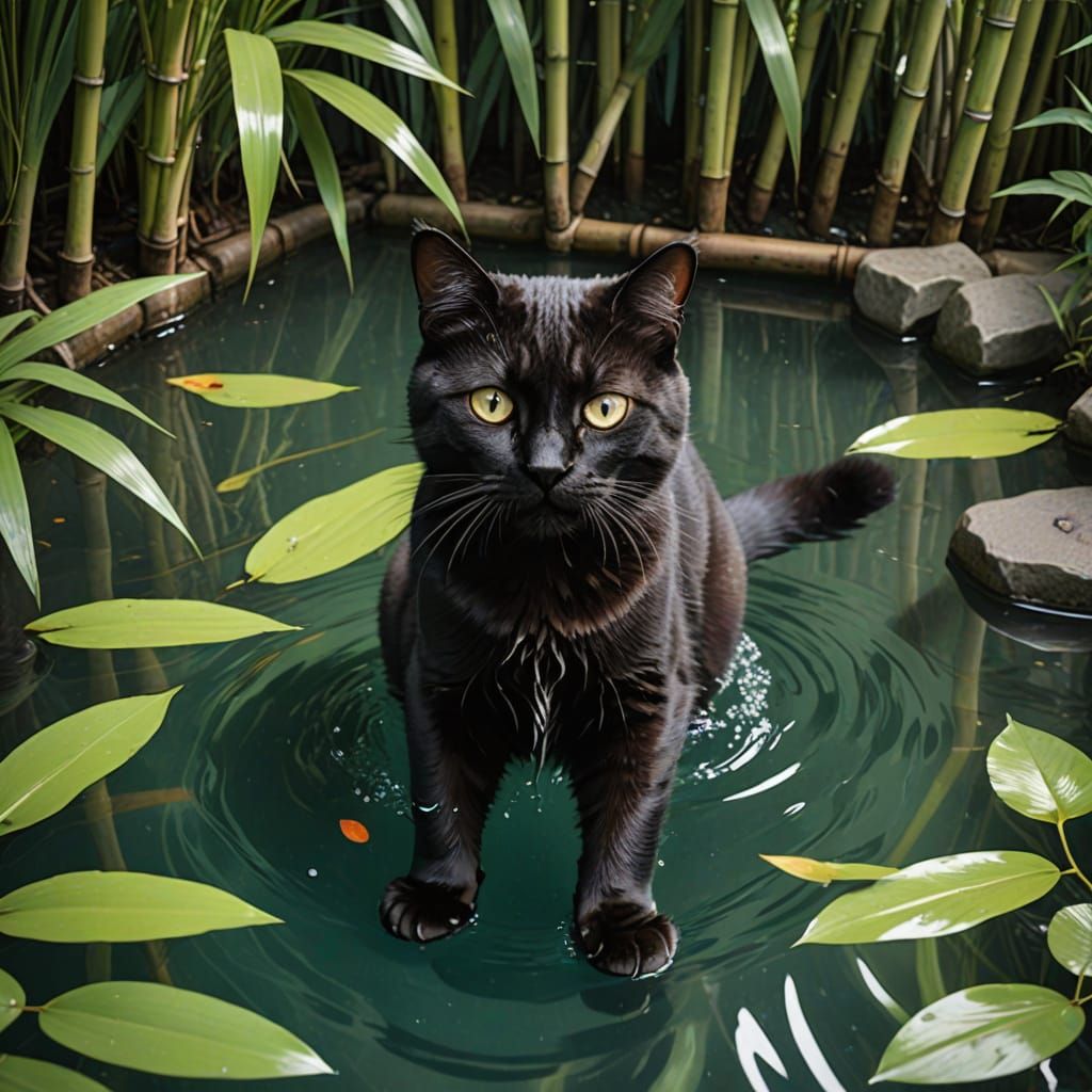 Cat Resting Among Bamboo Plants