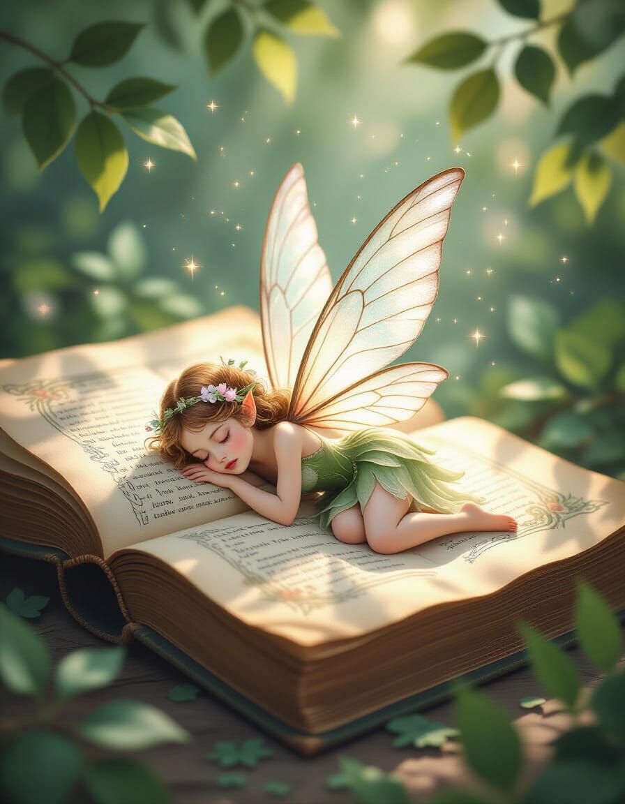 Fairy Sleeping on Book in Watercolor Style