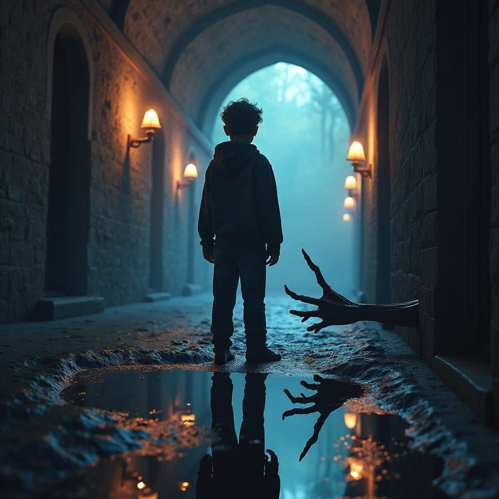 Eerie Corridor: Boy and Beksinski-esque Reflection