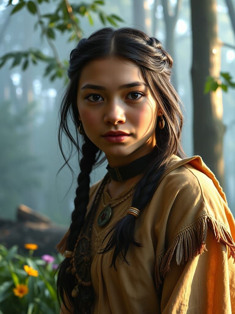 A Young Powhatan Princess in a Misty Forest Glade, in Photor...