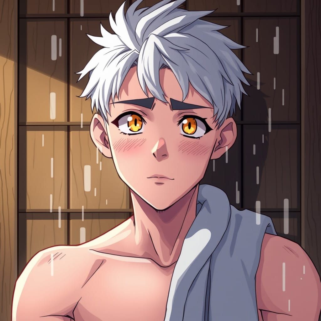 Boy in a Sweaty Sauna Scene, Manga-Inspired Art