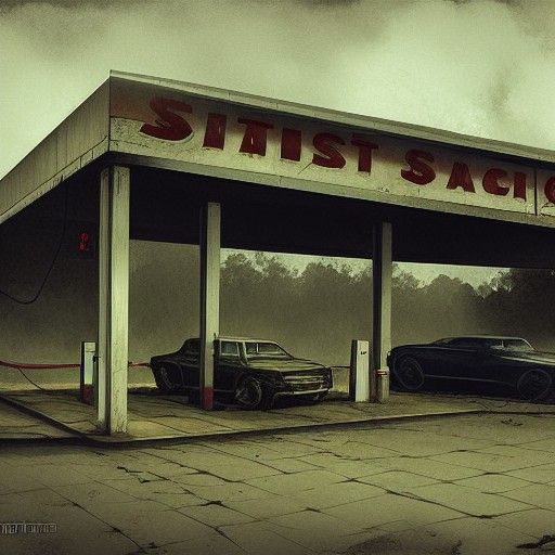 Sinister Haunted Gas Station, Dark Fantasy Art