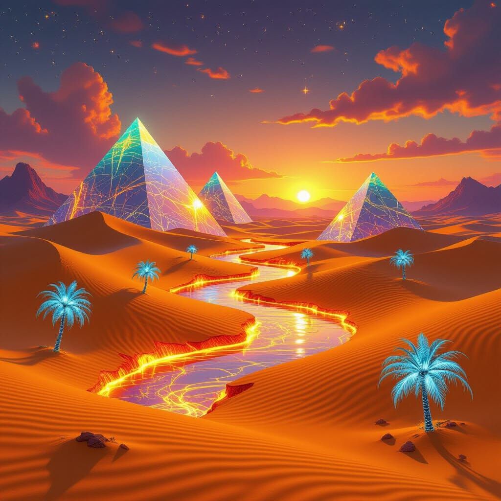 Surreal Desert Oasis with Molten Rivers and Glass Pyramids