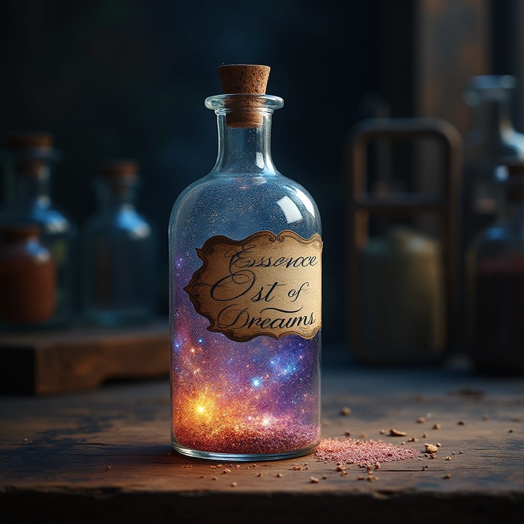 Stardust Galaxy in Glass Bottle, Surreal Dreamscape