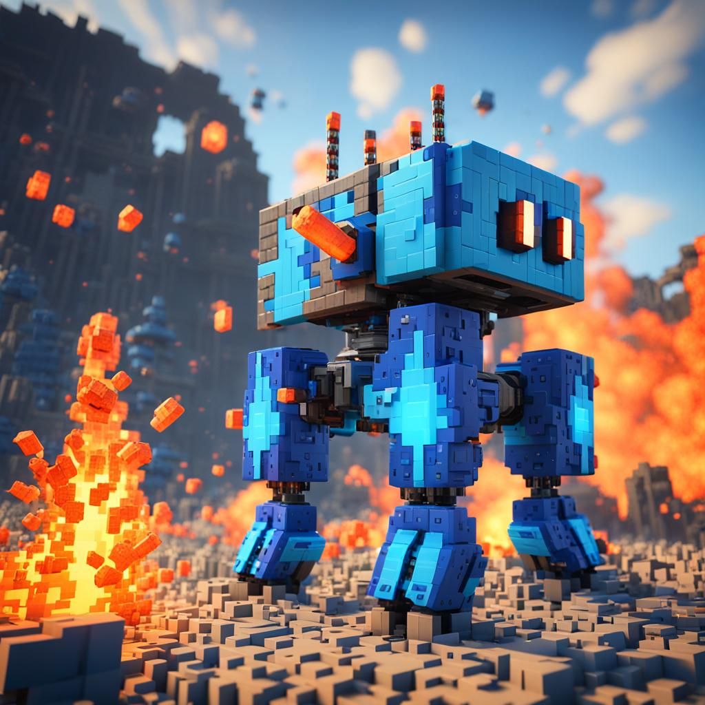 Minecraft TNT Robot in Blocky Landscape: 3D Game Art