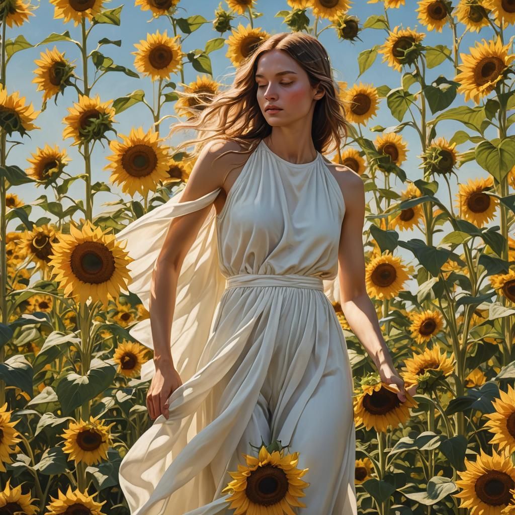 Girl in Sunflower Field, Hyperrealistic Splash Art