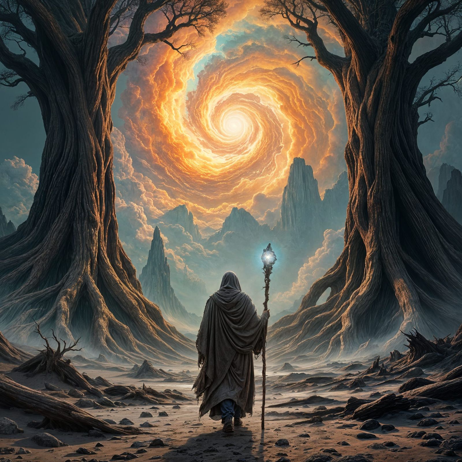 Wanderer on Alien Planet with Gold Roots