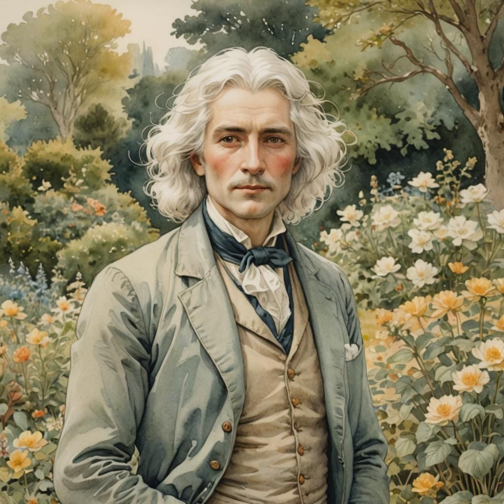 Elegant Man in Garden, Golden Age Watercolour Style
