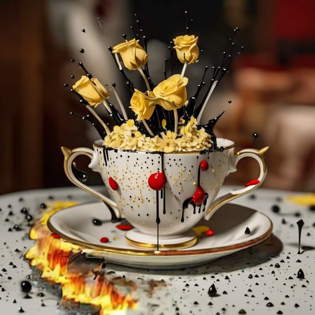 Surreal Scene with Tar Drops and Floral Still Life