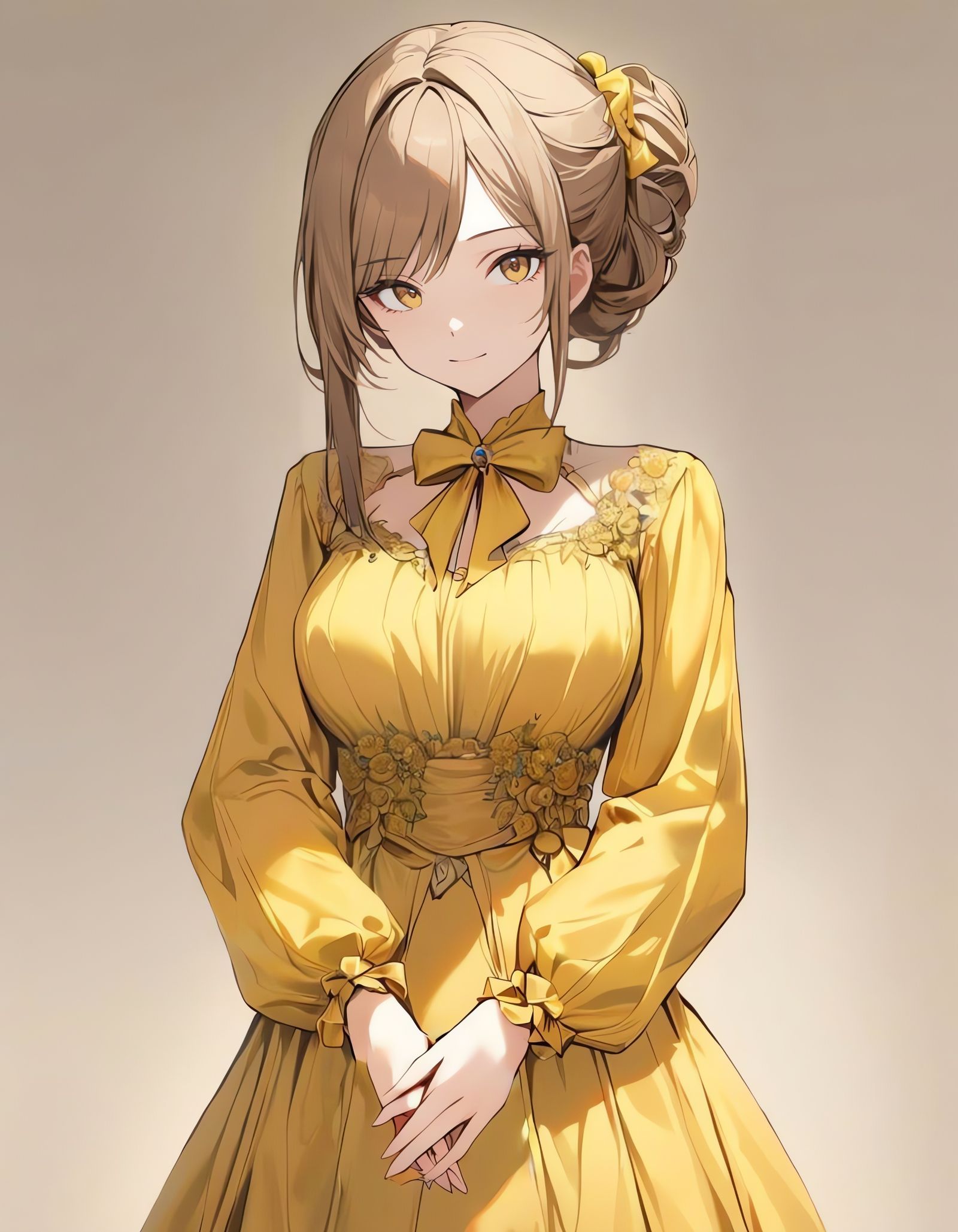 Victorian Woman in Yellow Gown with Brown Hair