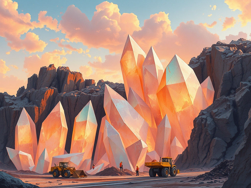 Colossal Crystal Mining at Twilight: Watercolor Concept Art