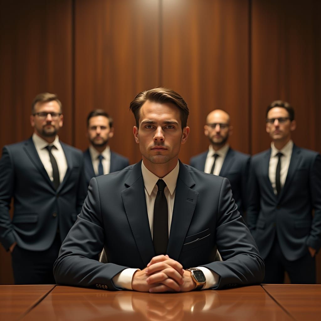 Confident Man in Suit Before Interview Panel