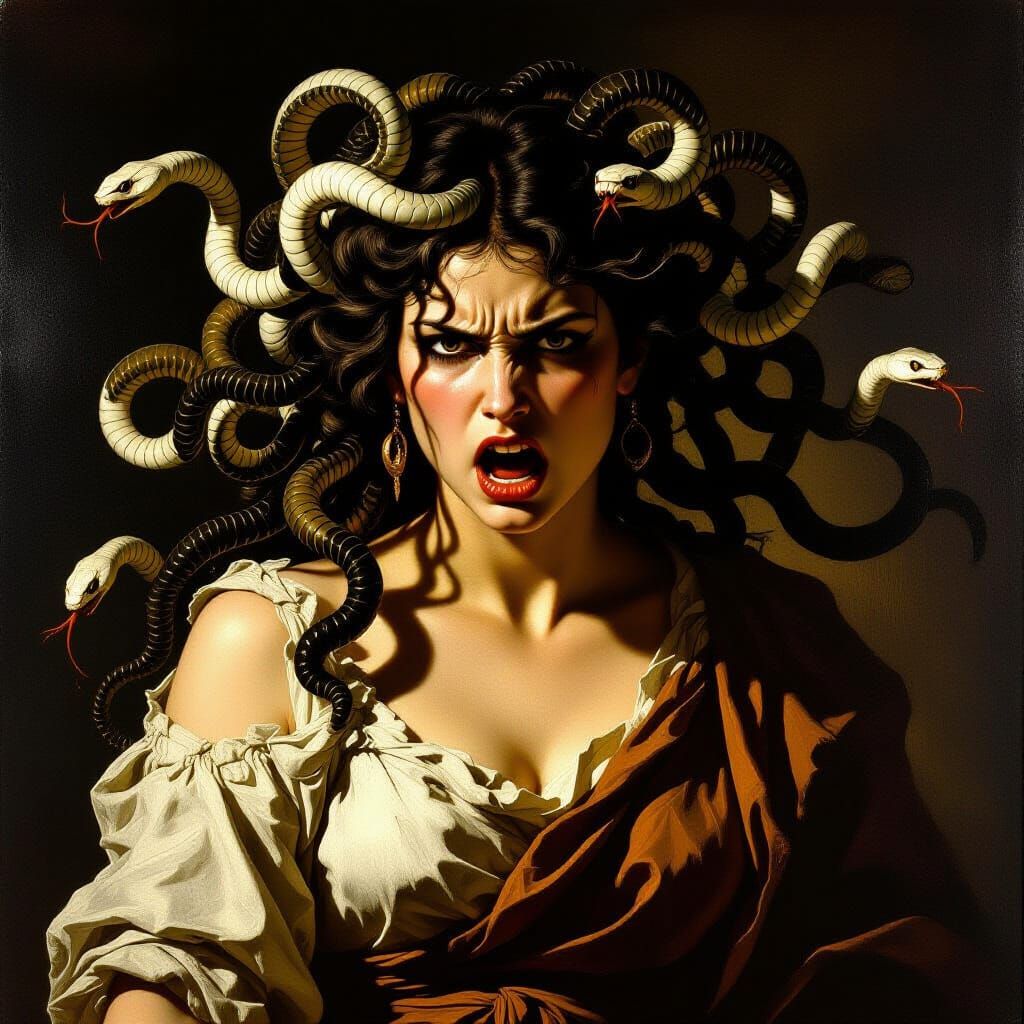 Medusa with Furious Expression and White Snakes in Caravaggi...