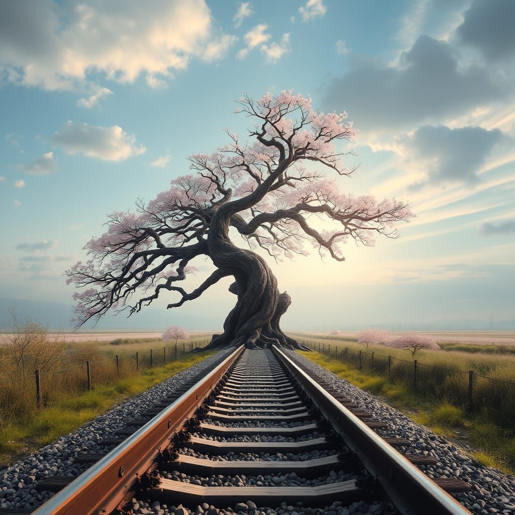 Majestic Bonsai Tree Beside Traintracks in Dreamlike Landsca...