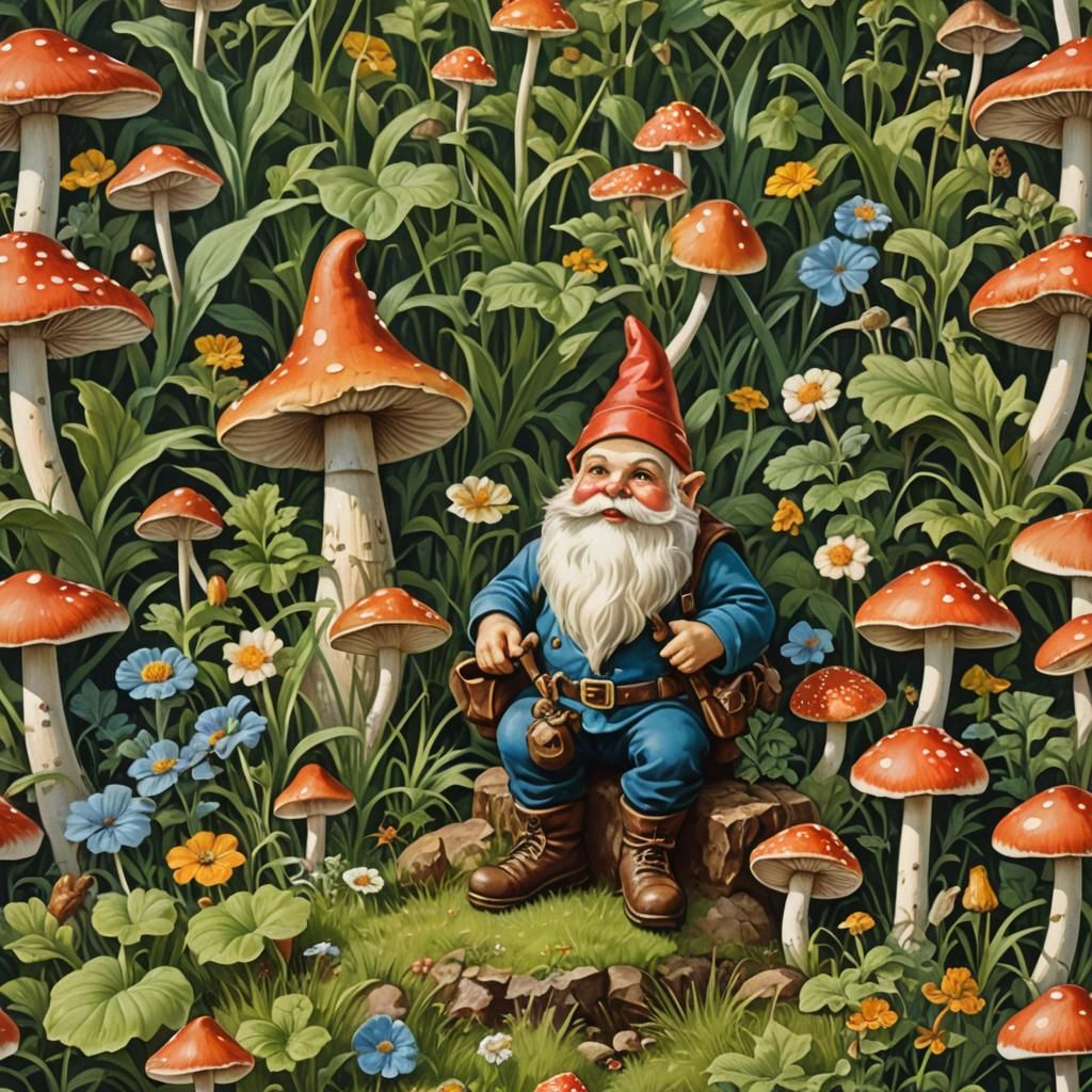 Vintage Gouache Illustration of Lawn Gnome and Mushroom