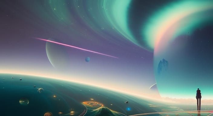 Astronaut in Dreamy Clouds with Saturn and Neptune