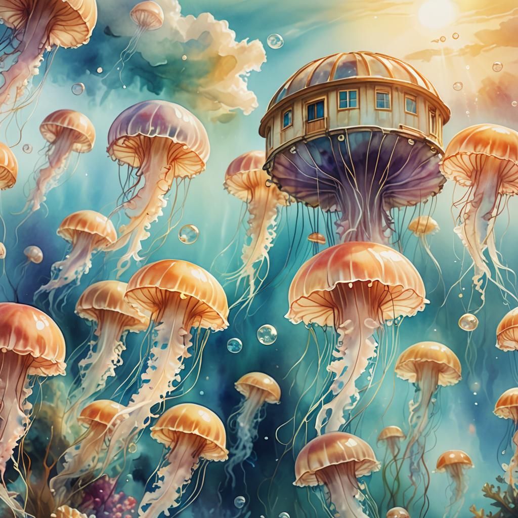 Underwater Jellyfish House in Watercolor Style