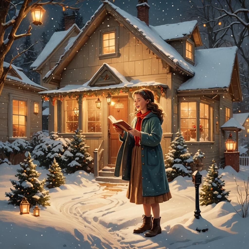 Little Girl Singing Christmas Carols in Winter Wonderland