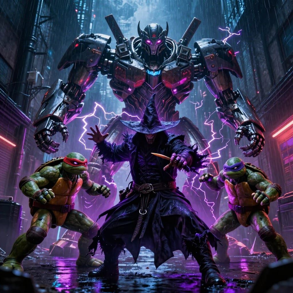 Mystic Wizard Battles Ninja Turtle Robot in Cyberpunk Alley