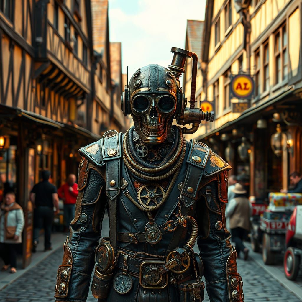 Steampunk Automaton in Medieval Marketplace: Dieselpunk Aest...